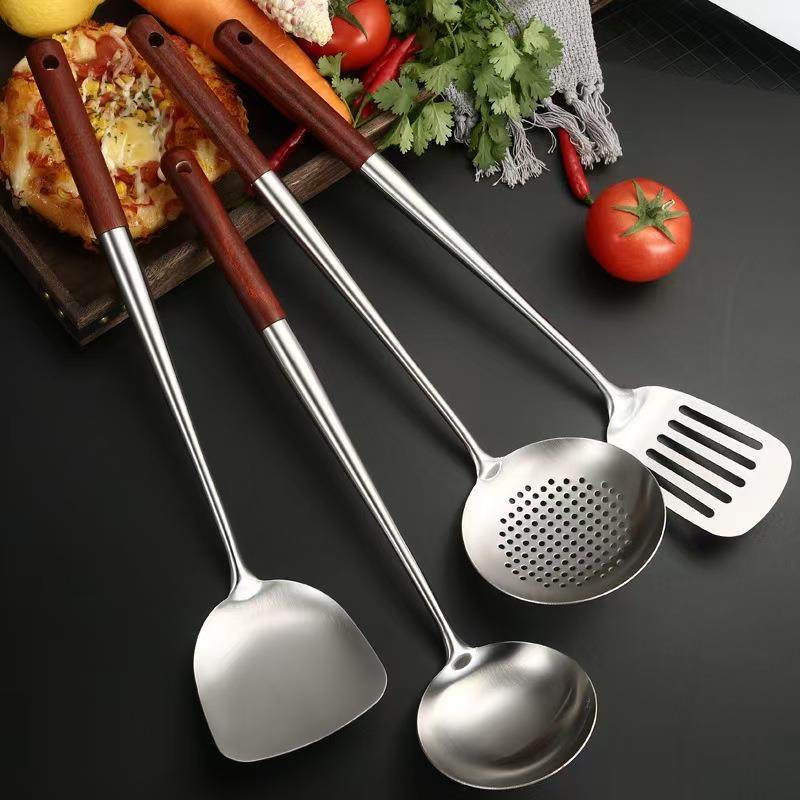 304不锈钢花梨木锅铲防烫隔热厨房用具家用铁锅炒菜铲舀汤勺铲勺