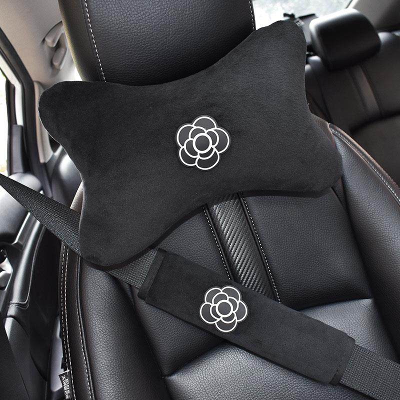 山茶花汽车方向盘套四季通用车用座椅头枕护颈枕腰靠毛绒套装