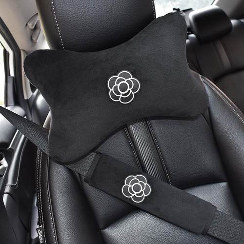 山茶花汽车方向盘套四季通用车用座椅头枕护颈枕腰靠毛绒套装