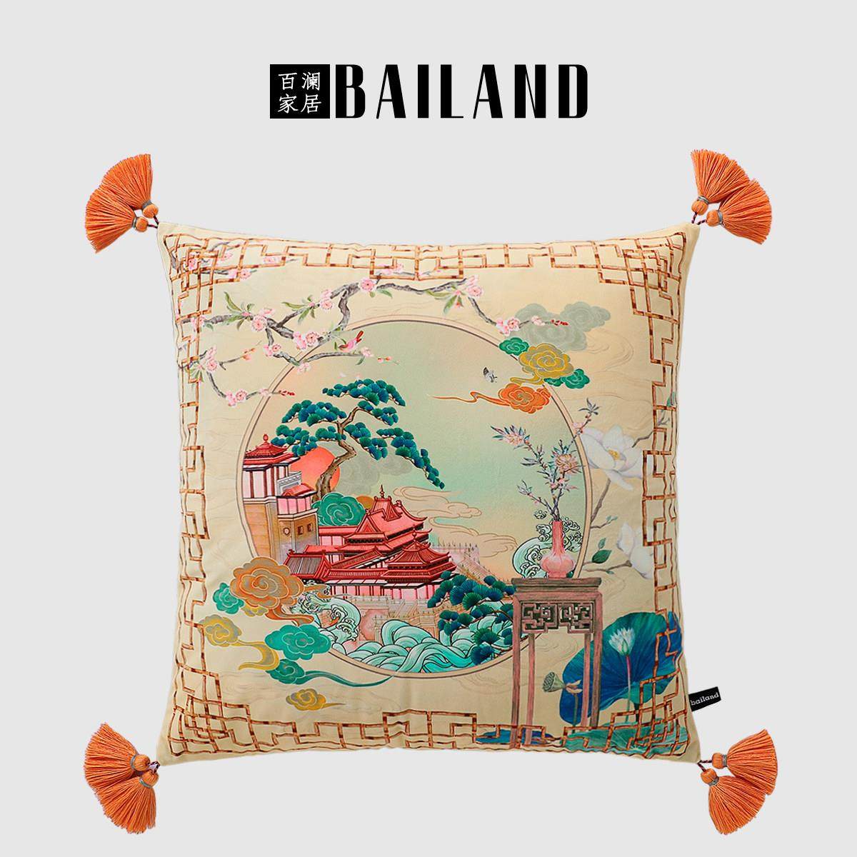 百澜家居YH058棕黄建筑双面印花新中式沙发客厅抱枕靠垫床上腰枕,居家布艺,靠垫/抱枕,淘宝优惠券,粉丝福利购,淘宝优惠卷