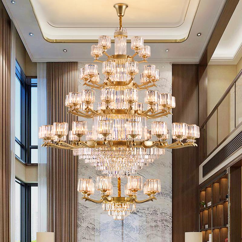 轻奢简约大气别墅复式楼客厅挑空大厅吊灯新款高档金色水晶大吊灯