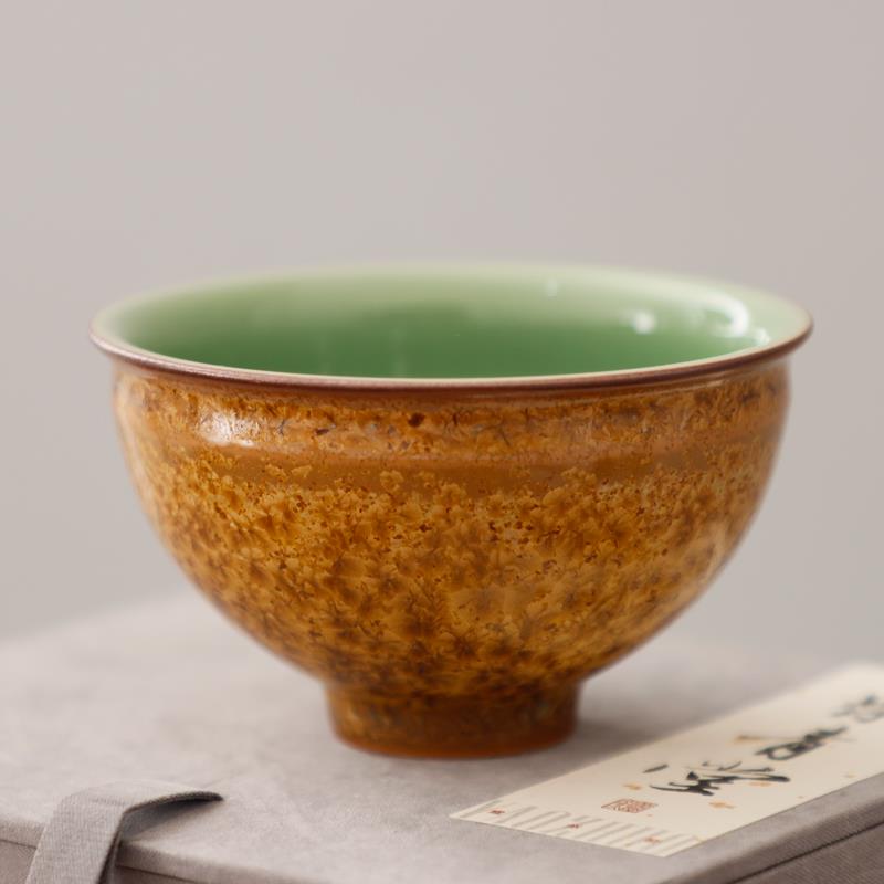 钧窑李峰手作青瓷茶叶末钛结晶梅子青釉窑变主人杯茶杯宋风束口盏