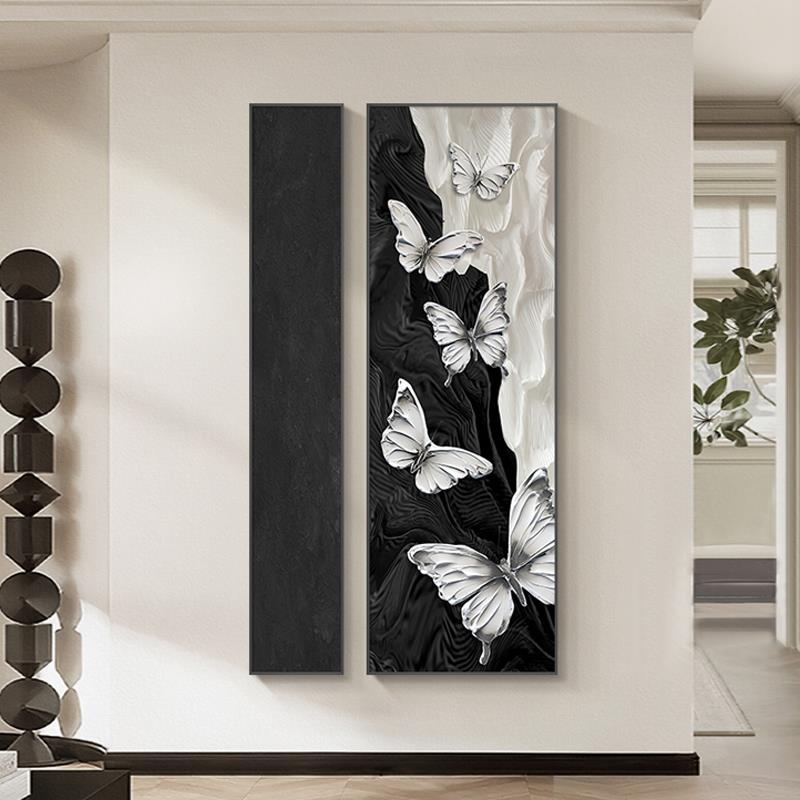 中古风蝴蝶玄关装饰画黑白抽象双联组合挂画高级感大气入户门挂画图片