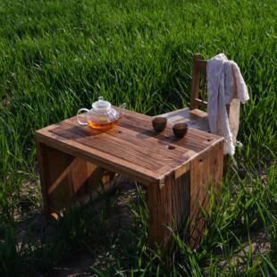 老榆木茶几泡茶桌侘寂风全实木客厅阳台沙发边几整装做旧风化原木