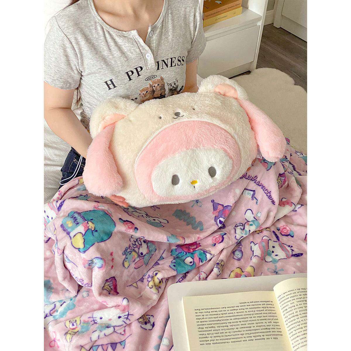 卡通抱枕毯子少女心兔子靠垫办公室宿舍午睡二合一床头靠枕玩偶
