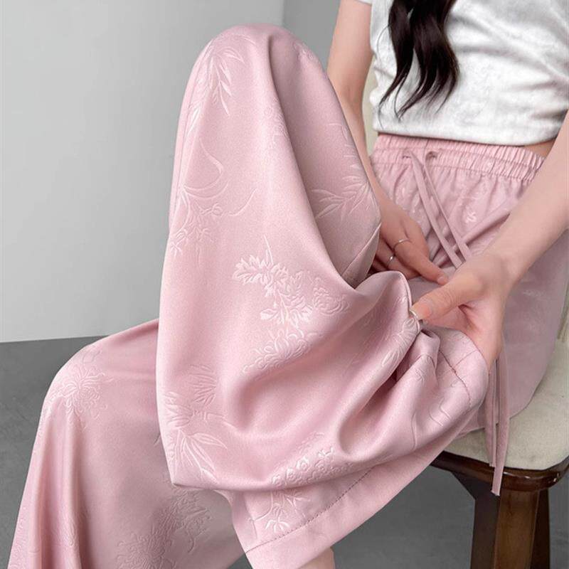 冰丝阔腿裤女2026夏季薄款新款小个子休闲缎面醋酸新中式国风裤子