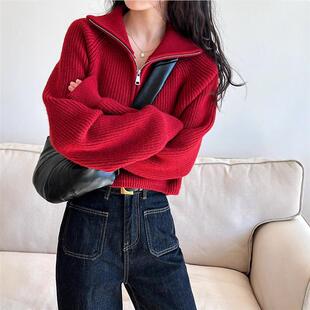 设计感半高领拉链红色针织衫女短款2026春秋新款高腰毛衣宽松休闲