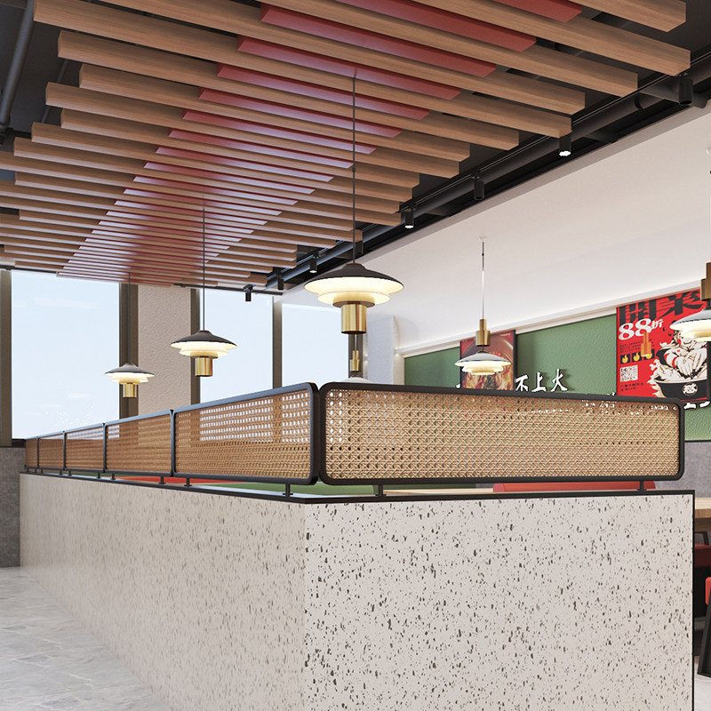 商用餐厅长虹玻璃屏风卡座矮隔断烧烤火锅店护栏藤编带灯过道围栏