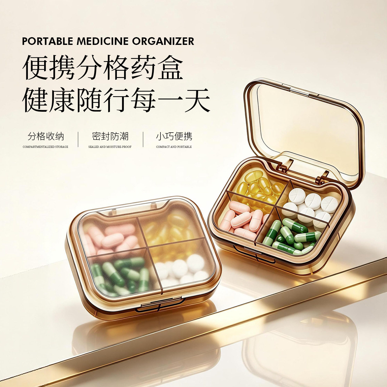 药盒便携四格大容量防潮透明药盒