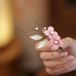 女士发夹粉色花朵掐丝新款小边夹国风侧边精致发卡海边旗袍发饰品