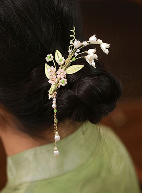 2025新款女孩发夹半扎发缠花铃兰花朵边夹古风短烫发发卡绿色发饰