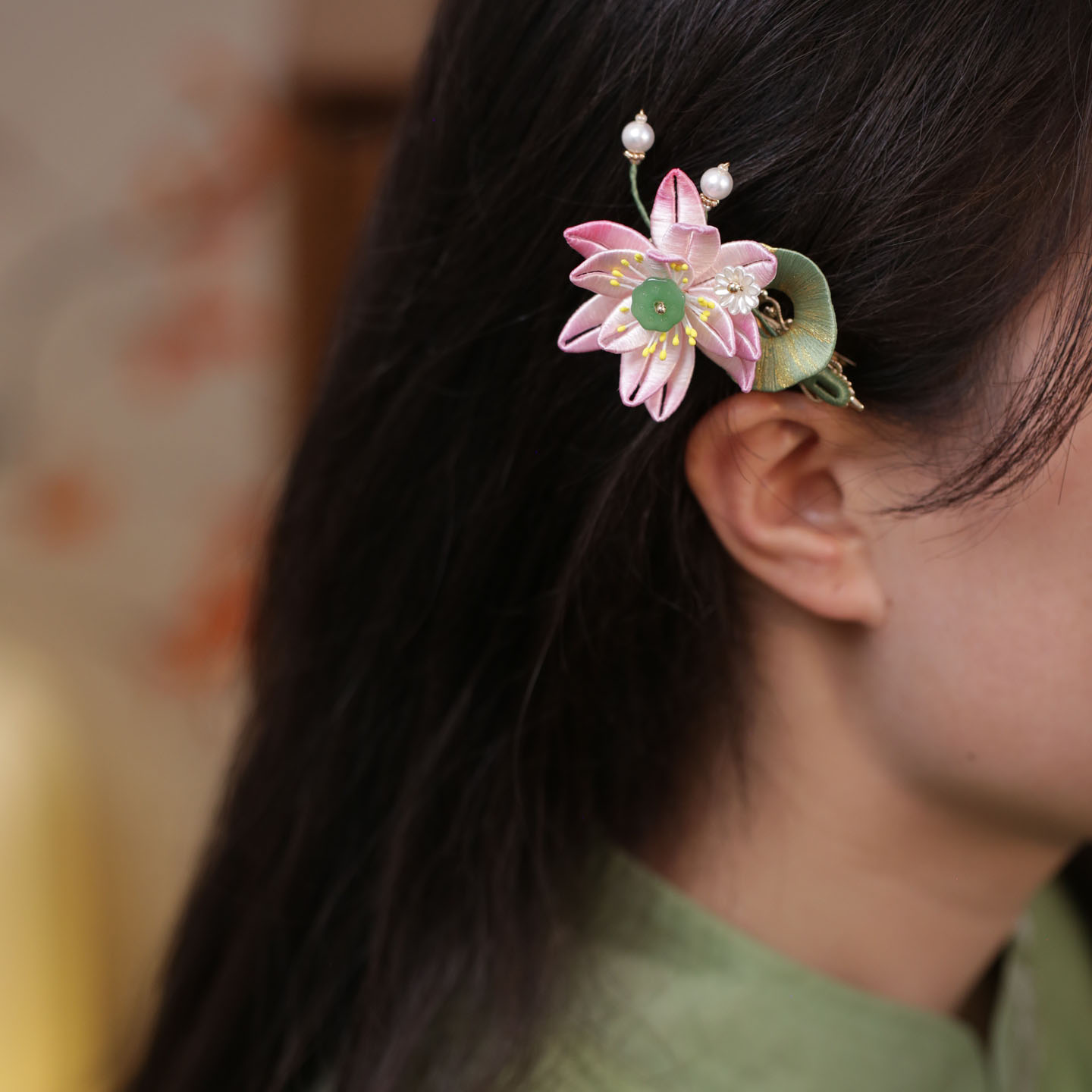 古风粉色缠花荷花朵汉服发夹头饰图片
