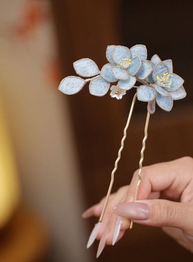 中式浅蓝色花朵发簪u型汉服头饰