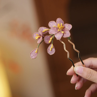 古风旗袍低丸子头发饰点缀女士u型发簪粉色发髻簪子手工掐丝花朵
