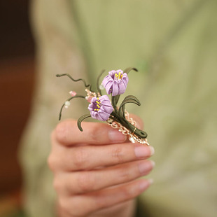女士短发发夹女侧边古风鬓边夹缠花紫色铃兰花朵发卡夹子旗袍头饰