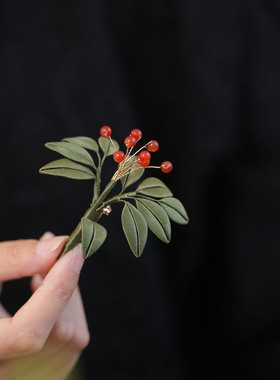 红色相思豆缠花胸针古风旗袍装饰