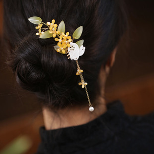 侧边插梳小号日常发簪古风女童桂花兔头钗簪子配旗袍发钗步摇头饰