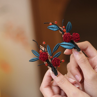 新年发夹红色花朵耳边夹中式倒插梳发卡秋冬日常发簪缠花订婚头饰