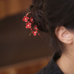 梅花簪子红色订婚发饰仿绒花u形发簪古风女童头饰结婚秀禾服发钗