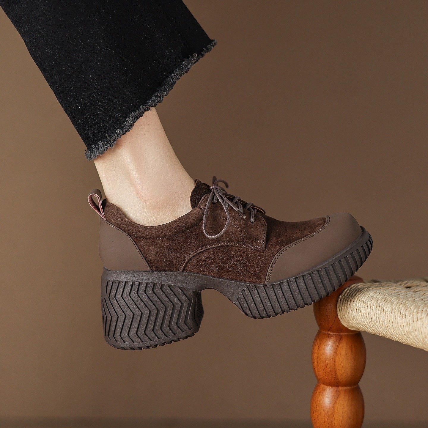 7.5CM~真皮圆头厚底乐福鞋女拼接粗跟单鞋复古圆头系带深口小皮鞋,女鞋,深口单鞋,淘宝优惠券,粉丝福利购,淘宝优惠卷