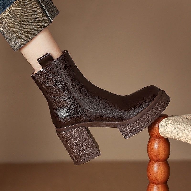 巨显腿长！真皮粗跟圆头厚底短靴女小个子高跟防水台切尔西瘦瘦靴,女鞋,西部靴,淘宝优惠券,粉丝福利购,淘宝优惠卷