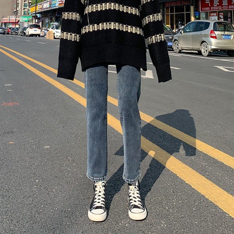 直筒牛仔裤女高腰宽松显瘦八分小个子2025年春季大码九分烟管裤子