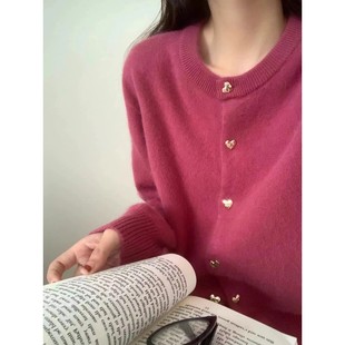 玫红色圆领开衫女100纯山羊绒针织衫秋冬季高端软糯宽松毛衣外套