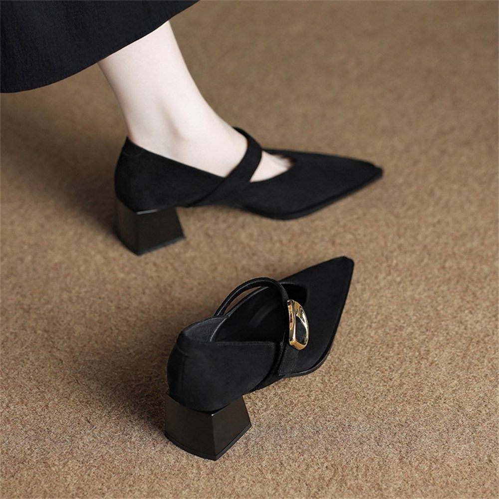 香港法式覆古尖头单鞋女秋季2025年新款绒面金属扣通勤粗跟高跟鞋,女鞋,浅口单鞋,淘宝优惠券,粉丝福利购,淘宝优惠卷