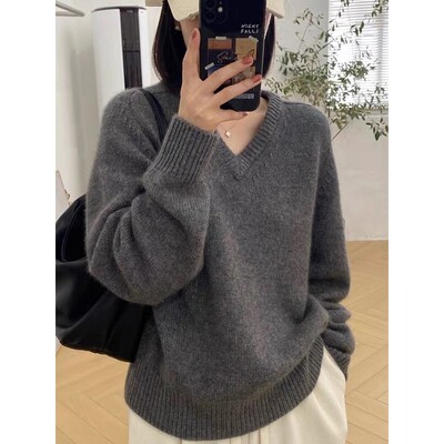 欧货v领100纯山羊绒衫女秋冬高端宽松软糯低领加厚打底高级感毛衣