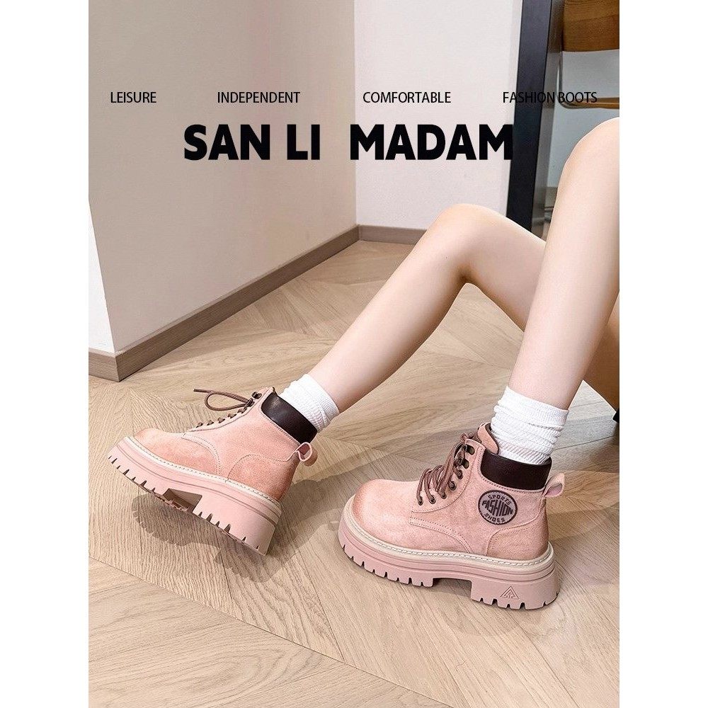 香港英伦风厚底马丁靴女秋冬2025新款小个子高跟网红粉色系带短靴,女鞋,时装靴,淘宝优惠券,粉丝福利购,淘宝优惠卷