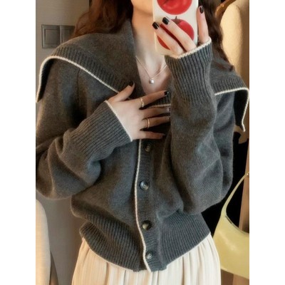 欧货100纯山羊绒厚款开衫女海军领高端短款厚针织衫翻领毛衣外套