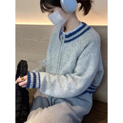 棒球服开衫女100纯山羊绒小个子欧货高端针织衫拉炼短款毛衣外套