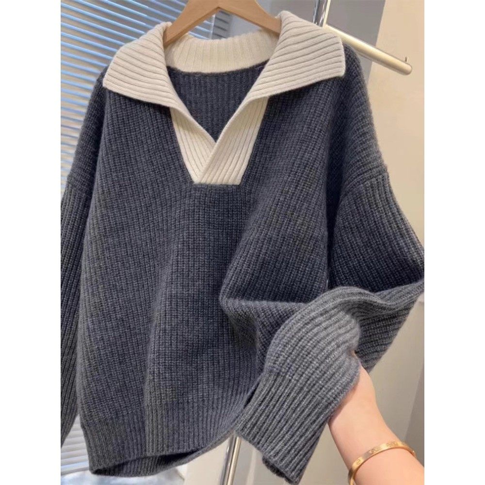 翻领慵懒风毛衣外套女秋冬欧货针织加厚软糯粗毛线100纯山羊绒衫