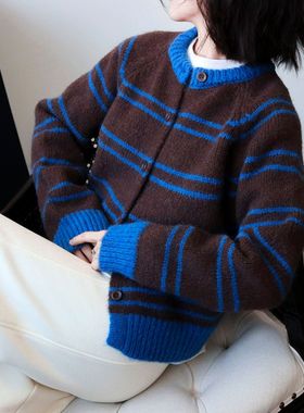 2025新款蓝色条纹开衫女100纯山羊绒衫欧货厚款针织秋冬毛衣外套