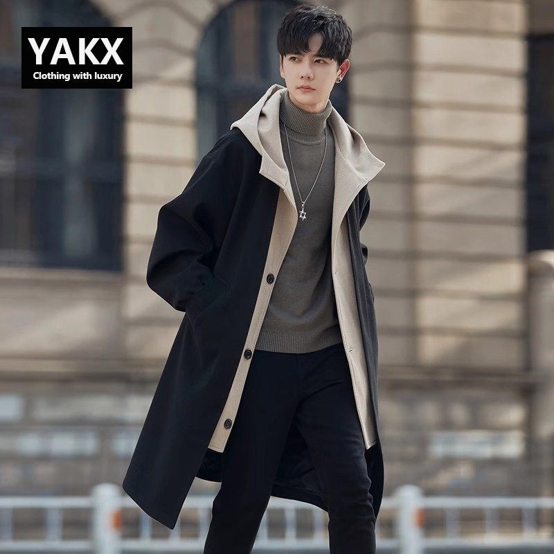 高端连帽假两件风衣外套男士春秋冬季2025新款中长款英伦大衣男款