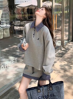 格子拼接polo卫衣套装裙女2025秋季新款韩系chic学院风短裙两件套