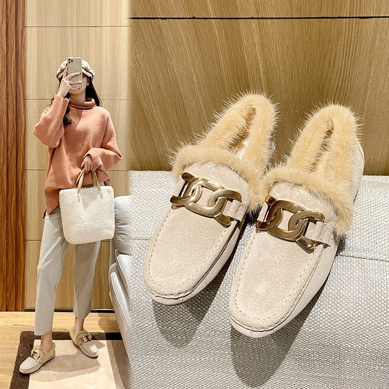 香港真皮毛毛鞋女加绒保暖豆豆鞋新款网红休闲鞋貂毛一脚蹬棉鞋冬,女鞋,乐福鞋（豆豆鞋）,淘宝优惠券,粉丝福利购,淘宝优惠卷