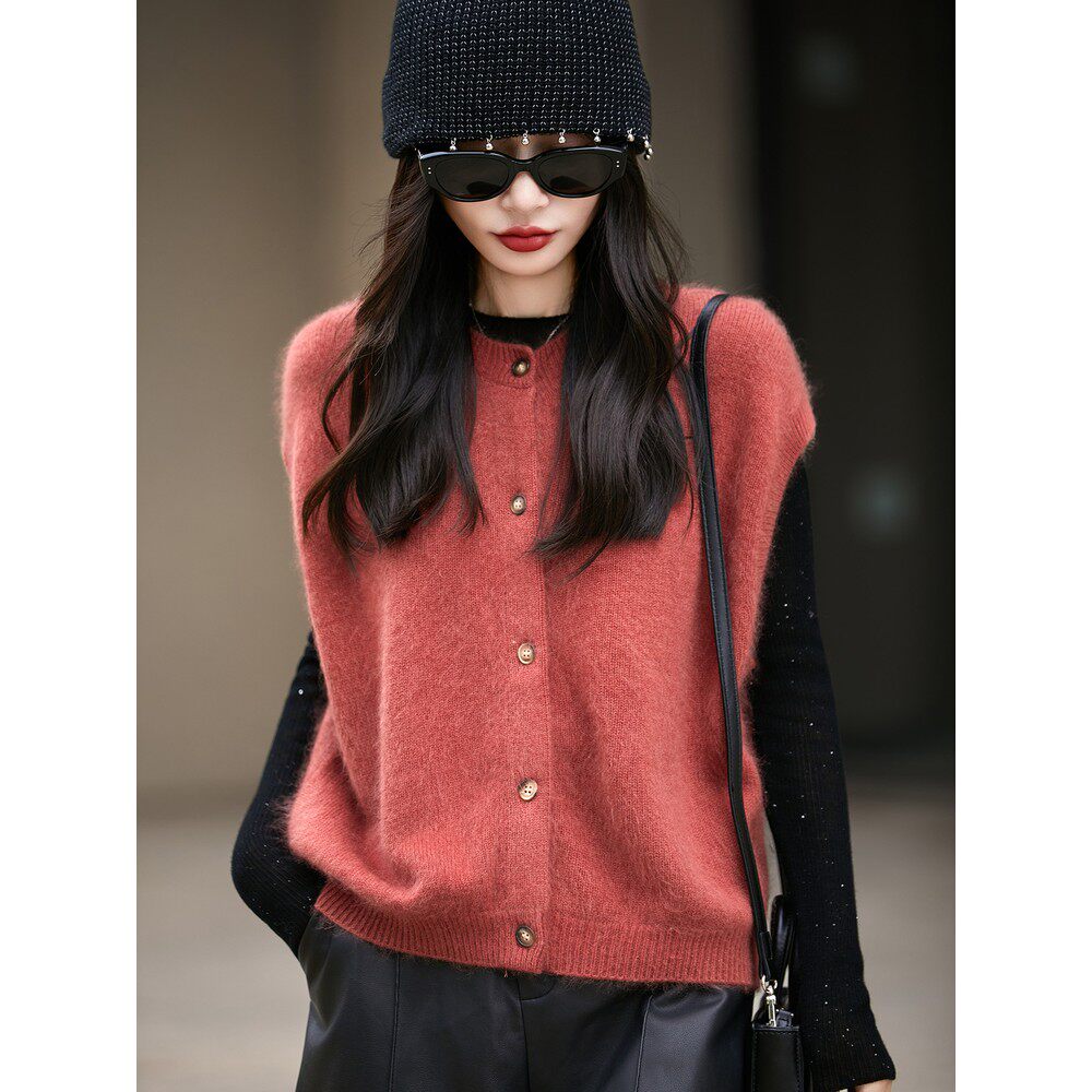 2025秋季拉毛马甲开衫女纯山羊绒衫欧货高端叠穿针织毛衣坎肩上衣