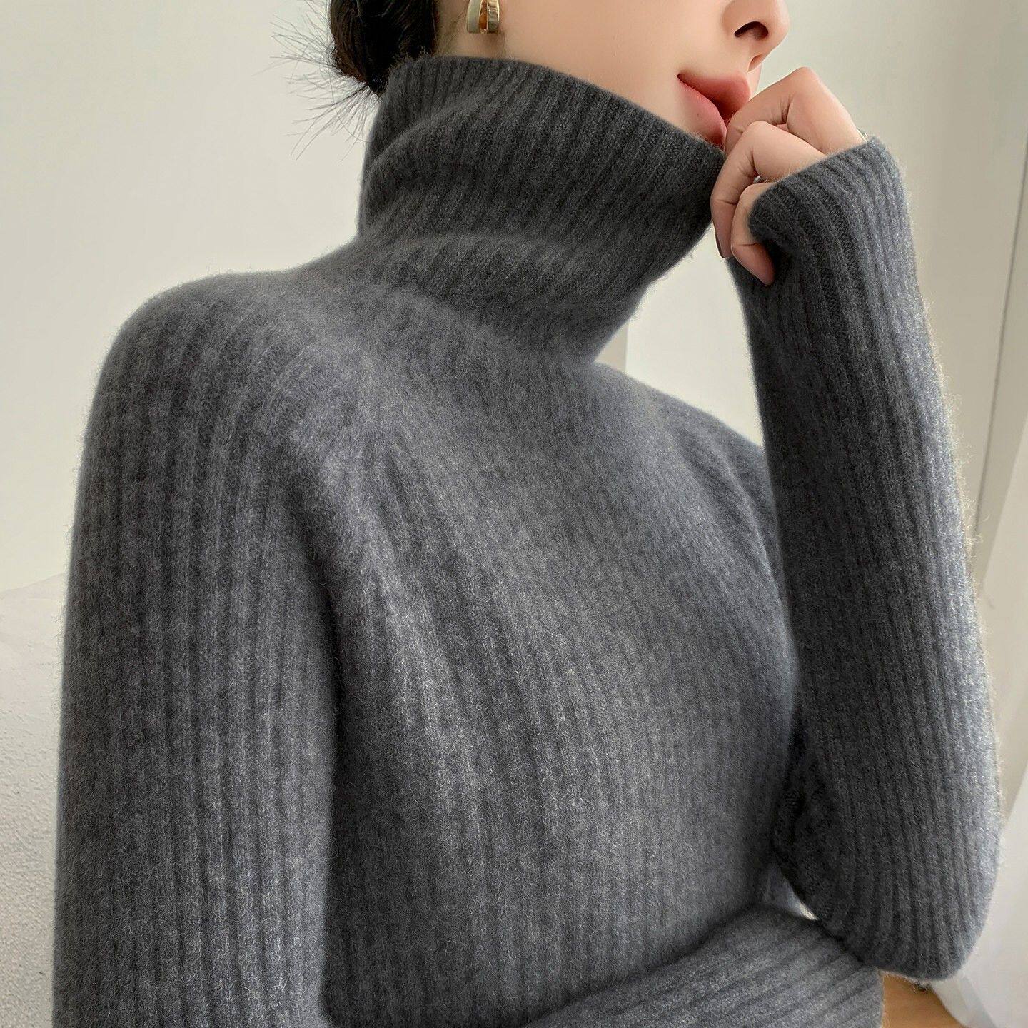 爆款高领羊绒衫女100%纯山羊绒宽松加厚坑条针织衫毛衣内搭打底衫