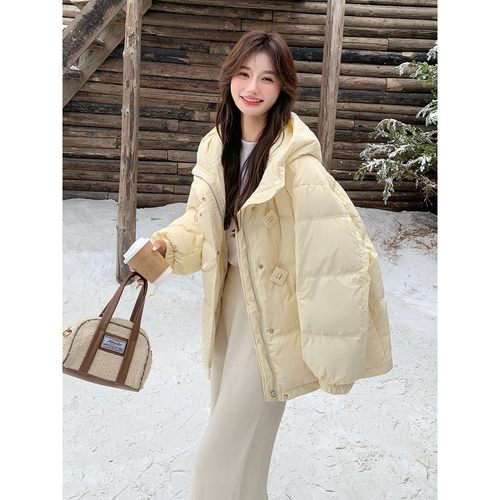奶黄色连帽羽绒服女2024冬季新款韩系ins宽松减龄90白鸭绒外套潮