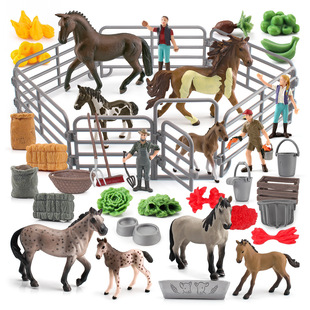 仿真快乐马场模型儿童品脱马工人围栏农具谷堆场景装饰摆件动物