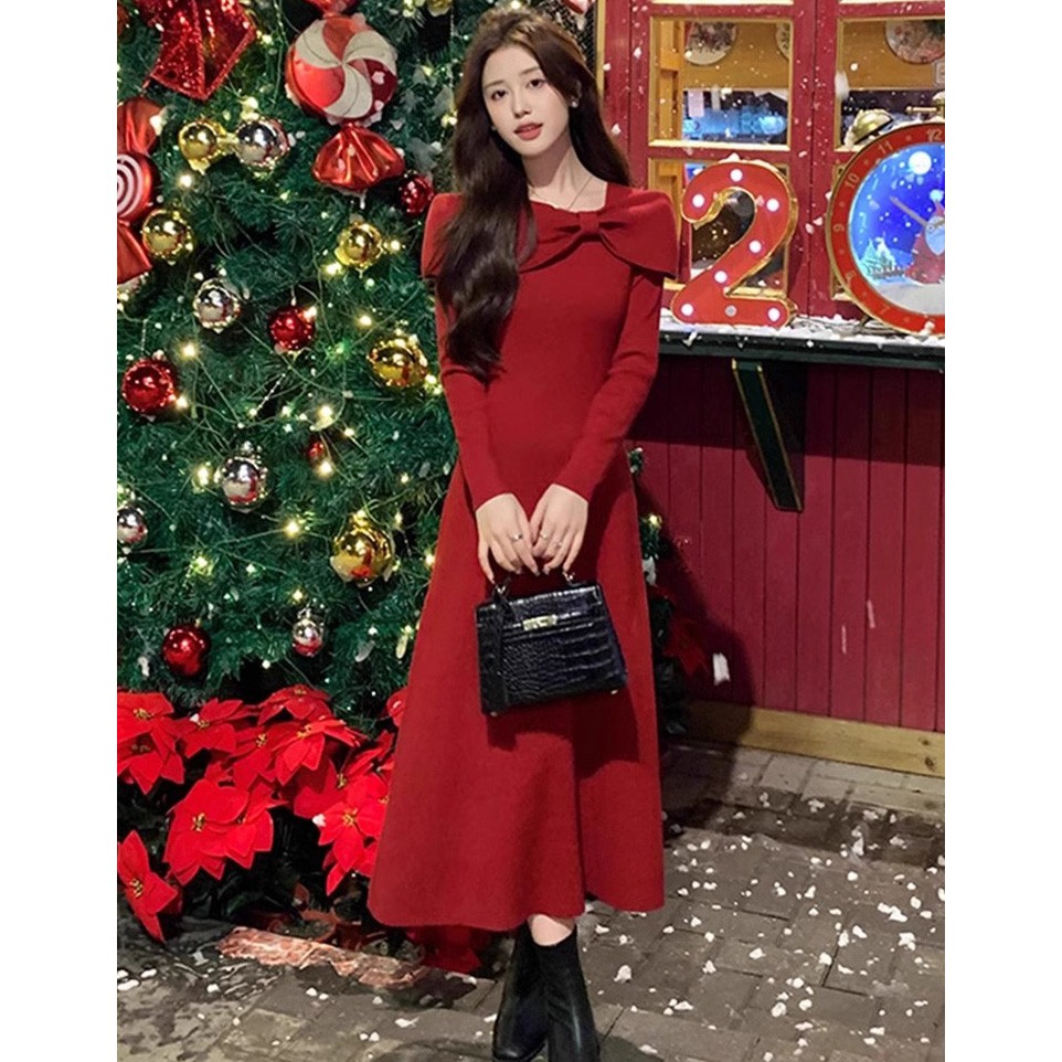 XZOXZO耶诞穿搭新年战 袍敬酒服小众本命年红色打底针织洋装秋冬