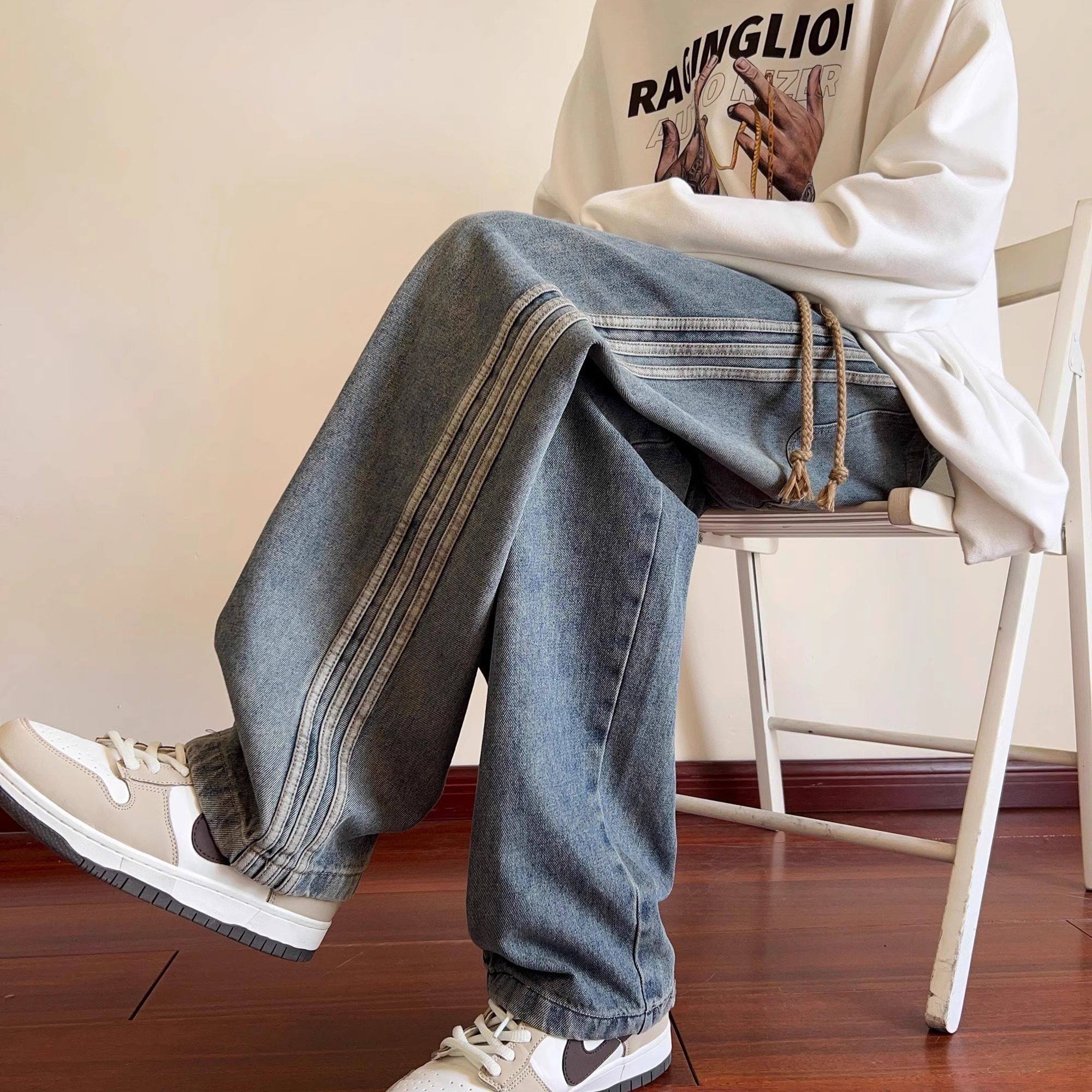 仓石一树美式牛仔裤男款2024秋冬季水洗加绒加厚侧边条纹长裤子男,男装,牛仔裤,淘宝优惠券,粉丝福利购,淘宝优惠卷