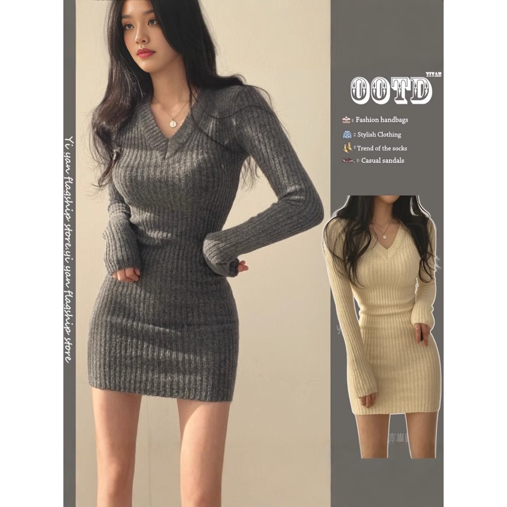 日系配大衣加厚内搭针织连衣裙秋冬女装中长款V领修身毛衣打底裙