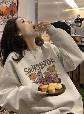 日本风格Gp花灰色超大宽松连帽运动衫的妇女秋冬新热风格羊毛衬里