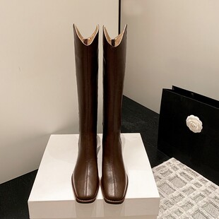 高定绝版 INS棕色方头V口粗高跟真皮骑士靴高筒长靴子 神仙好穿