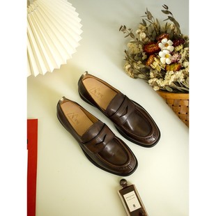 英伦风格 手工覆古乐福鞋 小皮鞋 厚跟拖鞋 真皮 2024春秋季 女式 新款