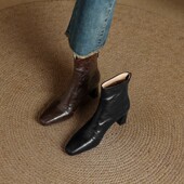 ins复古法式 神仙好穿 巨舒服 方头粗跟羊皮马丁靴高跟真皮短靴