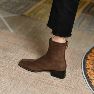 巨巨舒服 INS韩国复古方头中跟弹力短靴瘦瘦靴女袜靴 极简百搭