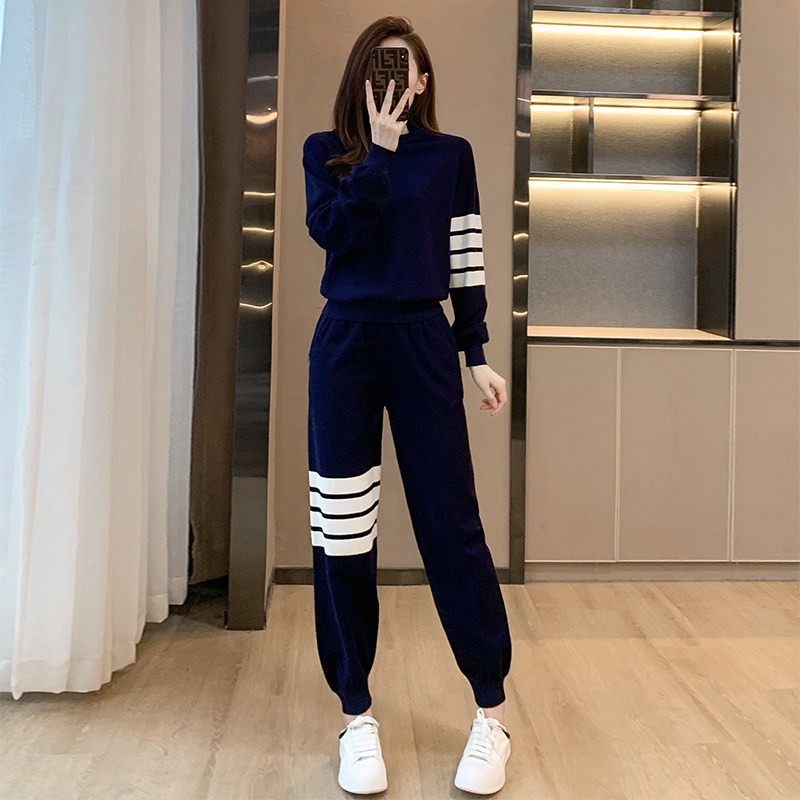 欧洲站2024秋装女新款休闲运动套装裤子高级感显瘦针织卫衣两件套